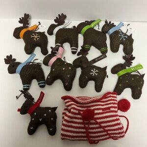 Indigo Plush Knit Reindeer Christmas Ornament Lot of 9 & Red/White Storage Sack